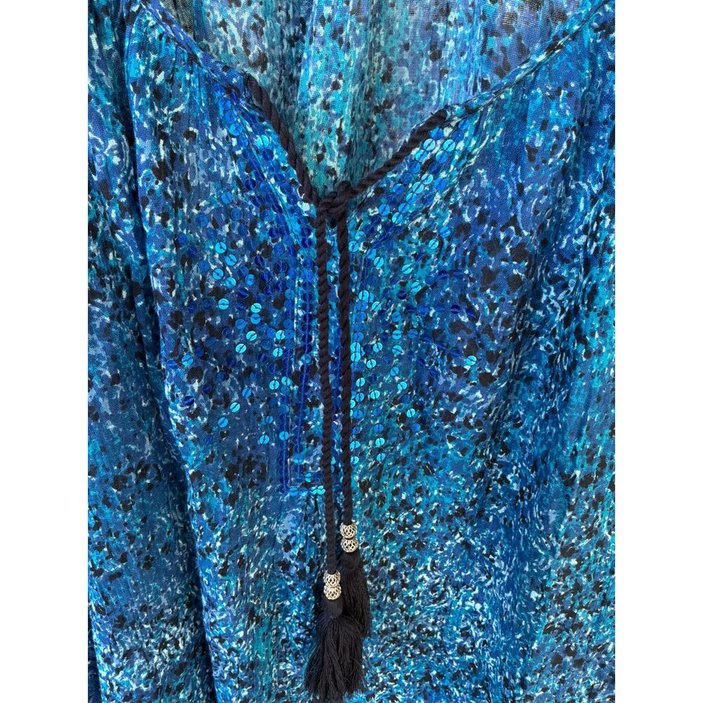Sz 6X Catherines Sequin Tassel Blue Geometric Peasant Poet Blouse Lightweight